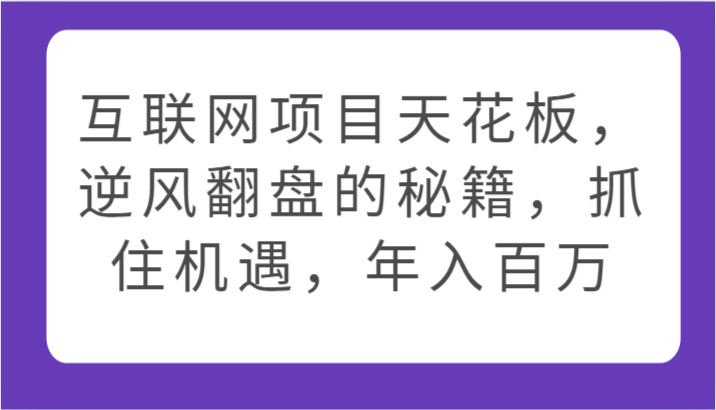 互联网项目天花板，逆风翻盘的秘籍，抓住机遇，年入百万-网赚联盟