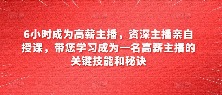 6小时成为高薪主播，资深主播亲自授课，带您学习成为一名高薪主播的关键技能和秘诀-网赚联盟