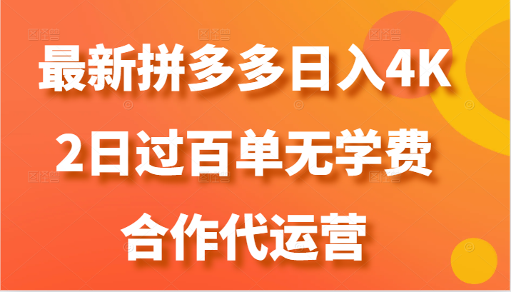 最新拼多多，日入4K+，2日过百单无学费，合作代运营-网赚联盟