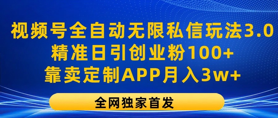 视频号全自动无限私信玩法3.0，精准日引创业粉100+，靠卖定制APP月入3w+-网赚联盟