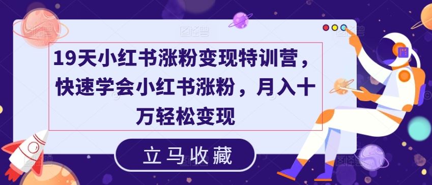 19天小红书涨粉变现特训营，快速学会小红书涨粉，月入十万轻松变现-网赚联盟
