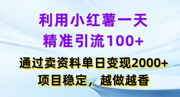 利用小红书一天精准引流100+，通过卖项目单日变现2k+，项目稳定，越做越香【揭秘】-网赚联盟