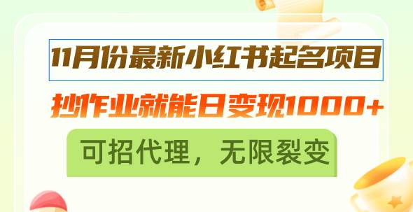 （13256期）11月份最新小红书起名项目，抄作业就能日变现1000+，可招代理，无限裂变-网赚联盟