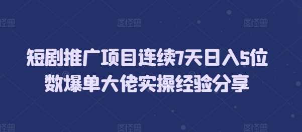 短剧推广项目连续7天日入5位数爆单大佬实操经验分享-网赚联盟