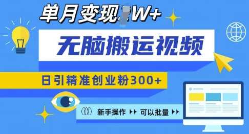 无脑搬运视频号可批量复制，新手即可操作，日引精准创业粉300+，月变现过W 【揭秘】-网赚联盟