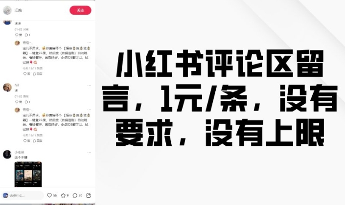 小红书评论区留言，1元条，没有要求，没有上限-网赚联盟