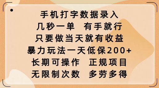 手机打字数据录入，几秒一单，有手就行，只要做当天就有收益，暴力玩法一天低保2张-网赚联盟