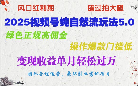 2025视频号纯自然流玩法5.0，绿色正规高佣金，操作爆款门槛低，变现收益单月轻松过万-网赚联盟