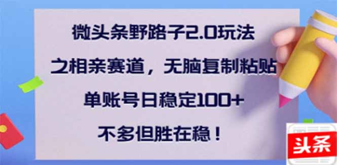 微头条野路子2.0玩法之相亲赛道，无脑搬砖复制粘贴，单账号日稳定300+…-网赚联盟