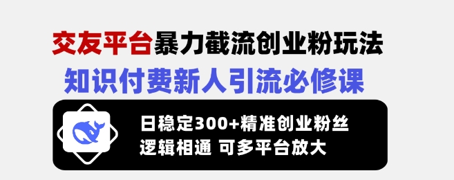交友平台暴力截流创业粉玩法，知识付费新人引流必修课，日稳定300+精准创业粉丝，逻辑相通可多平台放大-网赚联盟
