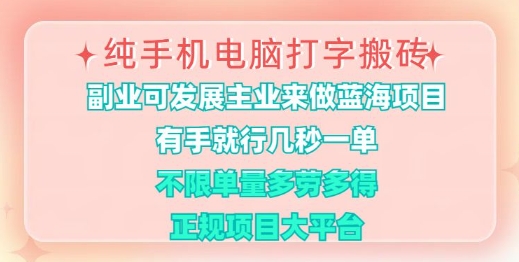 纯手机电脑打字搬砖，有手就行，几秒一单，多劳多得，正规项目大平台【揭秘】-网赚联盟