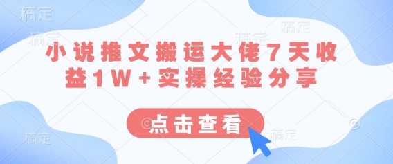 小说推文搬运大佬7天收益1W+实操经验分享-网赚联盟