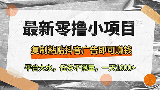 最新零撸小项目，复制粘贴抖音广告即可赚钱，平台大水，任务不限量，一…-网赚联盟