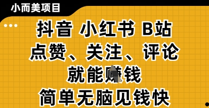 小而美的项目，抖音小红书B站视频点赞、关注、评论就能挣钱，简单无脑立见收益，妥妥的零撸项目【揭秘】-网赚联盟