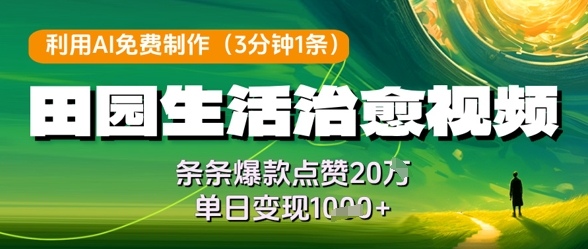 利用AI免费制作田园生活治愈视频，条条爆款点赞20W，单日变现几张-网赚联盟