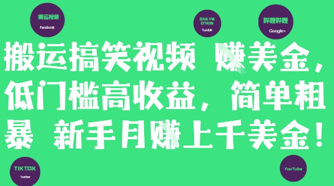 搬运搞笑视频挣美金，低门槛高收益，简单粗暴新手月入上千美刀-网赚联盟