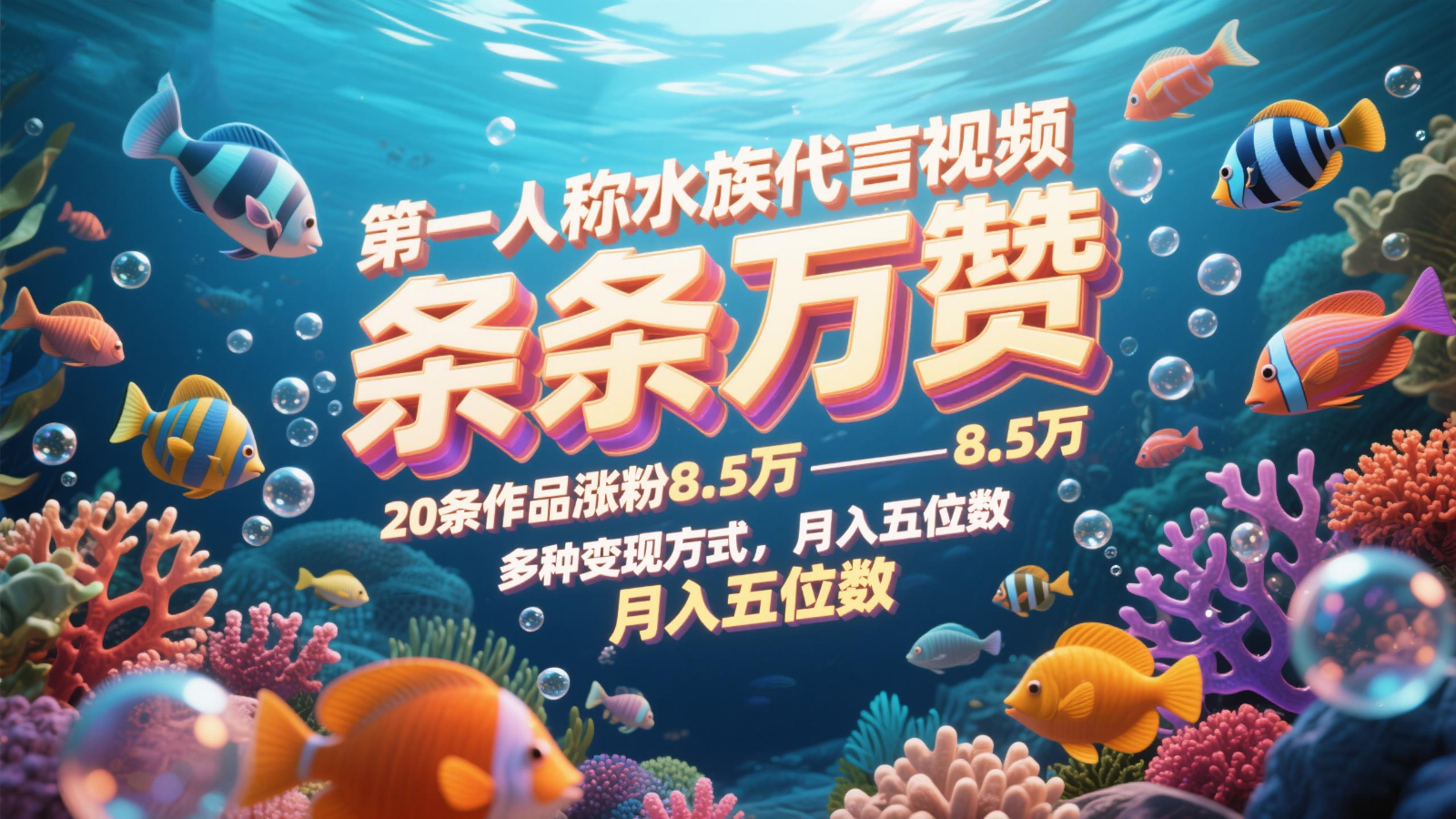 第一人称水族代言视频，条条万赞，20条作品涨粉8.5万，多种变现方式月，入五位数-网赚联盟