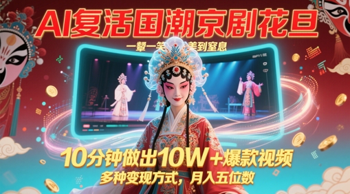 AI复活国潮京剧花旦，一颦一笑美到窒息，10分钟做出10W+爆款视频，多种变现方式，月入五位数-网赚联盟