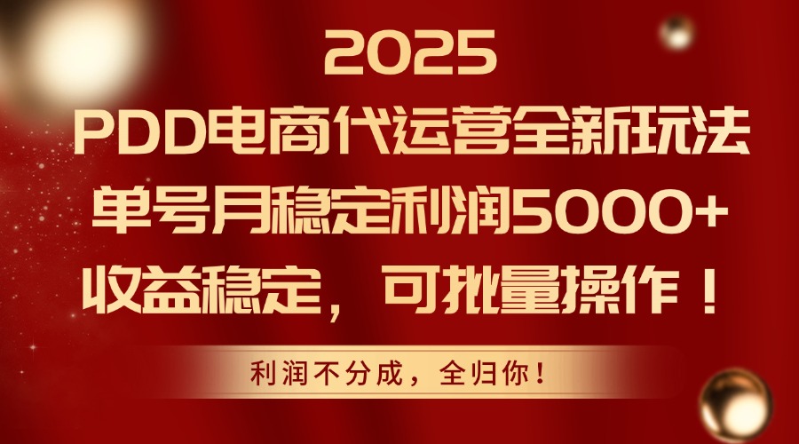 2025PDD电商代运营全新玩法，单号月稳定利润5000+，收益稳定，可批量操作-网赚联盟