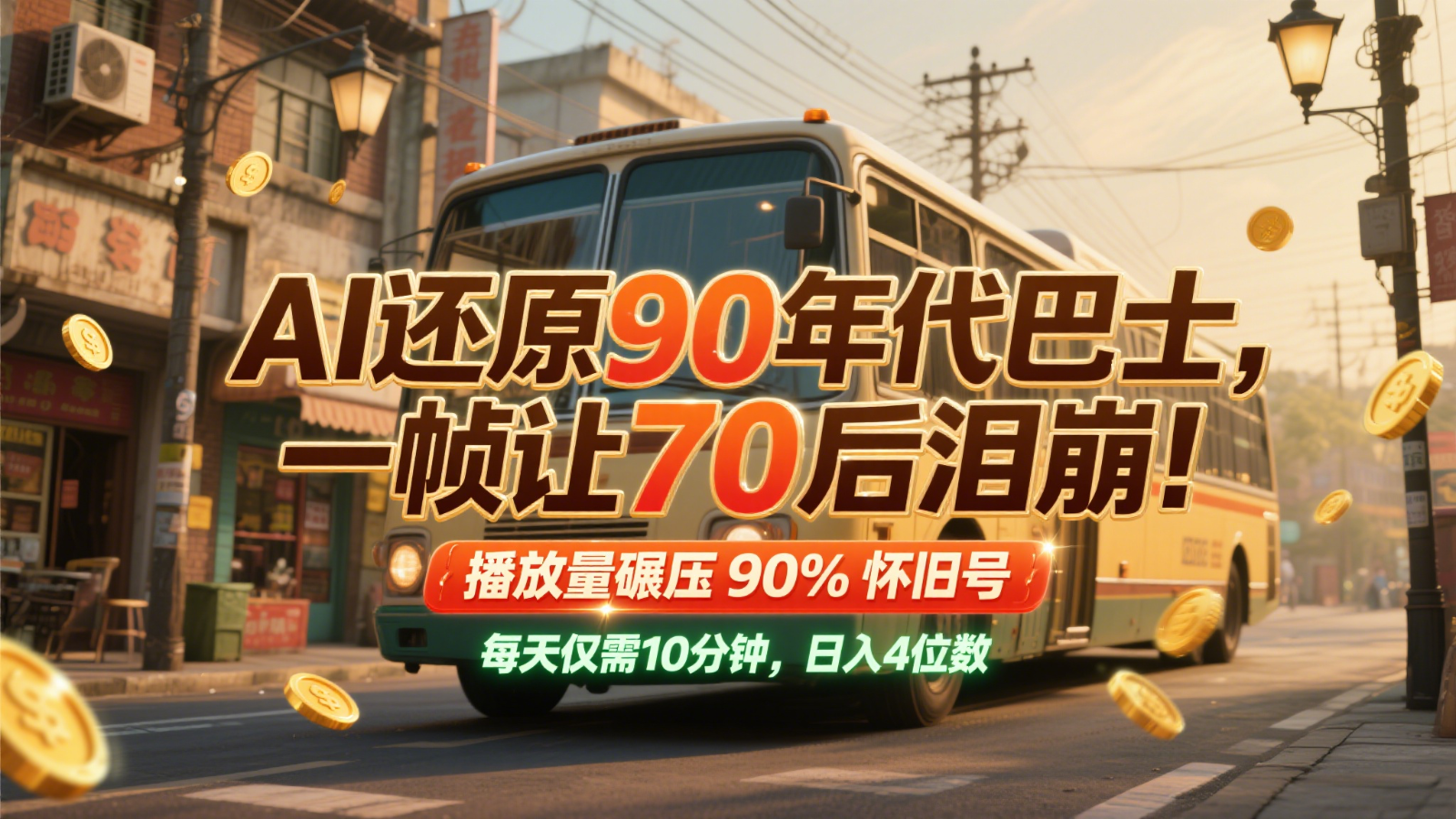 AI还原90年代巴士，一帧让70后泪崩！播放量碾压90%怀旧号，每天10分钟，日入4位数-网赚联盟