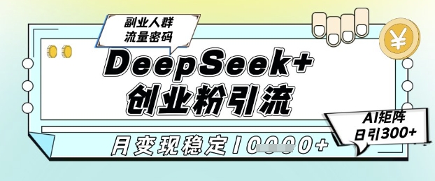 DeepSeek+创业粉精准引流，全新分享课4.0玩法，AI矩阵日引300+，多种变现方式，稳定月入1W-网赚联盟