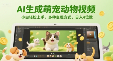 AI生成萌宠动物视频，小白轻松上手，多种变现方式，日入4位数-网赚联盟