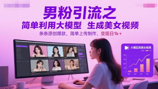 男粉引流之简单利用大模型生成美女视频，条条原创爆款，简单上传制作，变现日1k+-网赚联盟