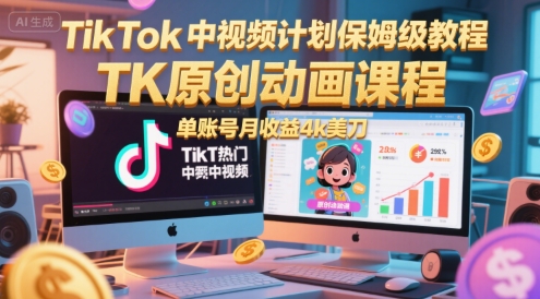 TikTok中视频计划保姆级教程，TK原创动画课程，单账号月收益4k美刀-网赚联盟