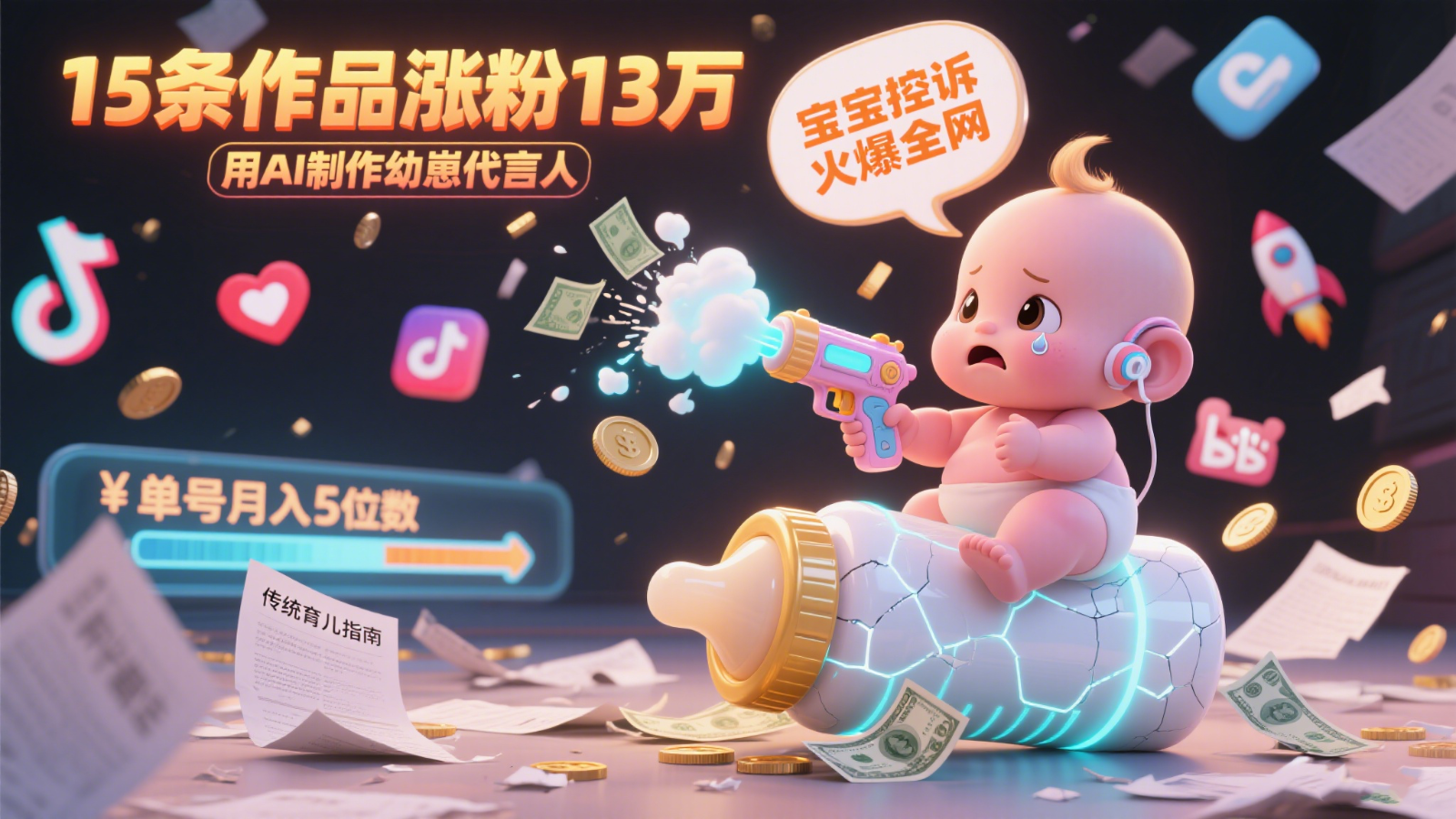 用AI制作幼崽代言人，宝宝的控诉火爆全网，15条作品涨粉13万，单号月入5位数实操教程-网赚联盟