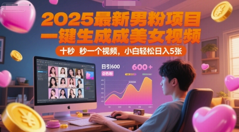 2025最新男粉项目，一键生成美女视频，日引600+色粉 十秒一个视频，小白轻松日入5张【揭秘】-网赚联盟