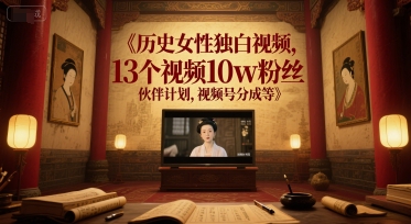 历史女性独白视频，13个视频10w粉丝，伙伴计划，视频号分成等-网赚联盟