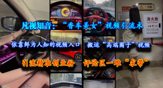 凡视知音：“香车美女”视频引流术，依靠鲜为人知的视频入口，搬运“高端圈子”视频，引流精准创业粉，评论区一堆“求带”-网赚联盟