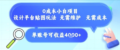 0成本小白项目，设计平台贴图玩法，无需维护，无需成本，单账号单月可产生收益4k+-网赚联盟