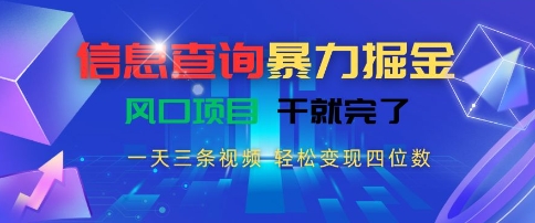 信息查询暴力掘金，一天三条视频，轻松变现四位数，风口项目干就完了【揭秘】-网赚联盟