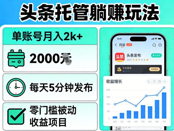 头条托管躺賺玩法，单账号月入2k+，每天5分钟发布即可，零门槛被动收益项目【揭秘】-网赚联盟