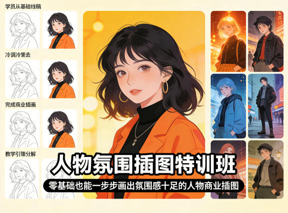 人物氛围插图特训班，零基础也能一步步画出氛围感十足的人物商业插图-网赚联盟