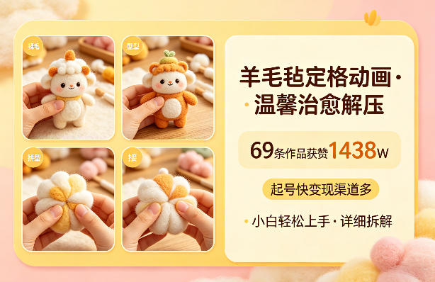 羊毛毡定格动画，温馨治愈解压，69条作品获赞1438W，起号快变现渠道多，小白轻松上手，详细拆解-网赚联盟