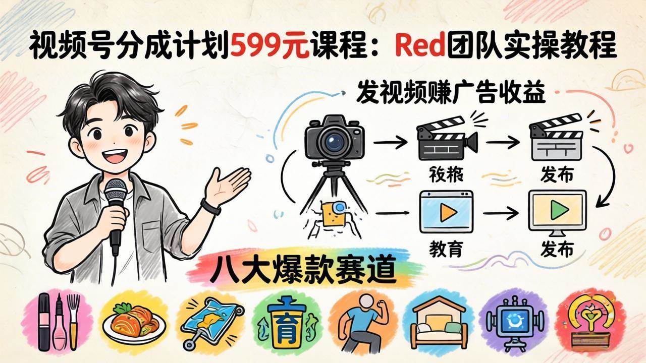 （18088期）视频号分成计划599元课程：Red团队实操教程，发视频赚广告收益，八大爆款赛道全掌握-网赚联盟