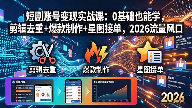 （18160期）短剧账号变现实战课：0基础也能学，剪辑去重+爆款制作+星图接单，2026流量风口-网赚联盟