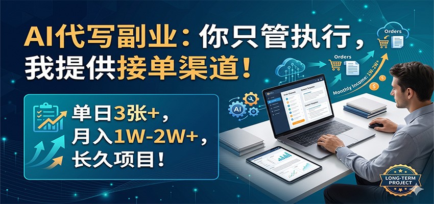 AI代写副业：你只管执行，我提供接单渠道！单日3张+，月入1W-2W+，长久项目-网赚联盟