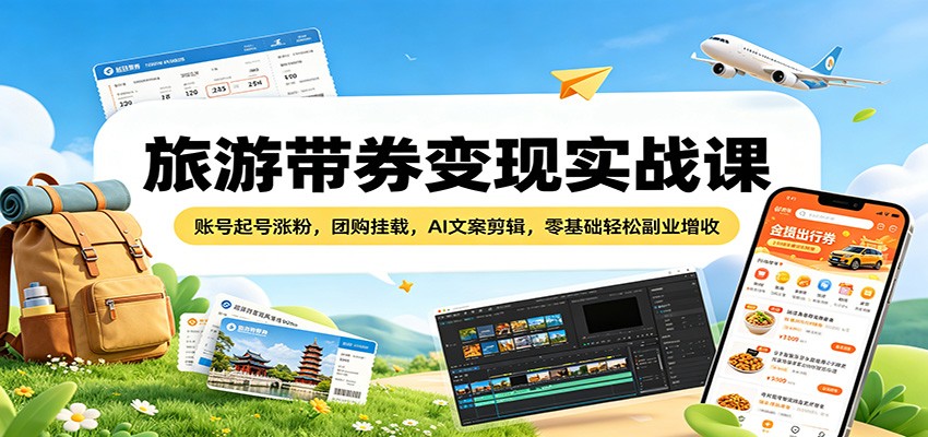 旅游带券变现实战课：账号起号涨粉，团购挂载，AI文案剪辑，零基础轻松副业增收-网赚联盟