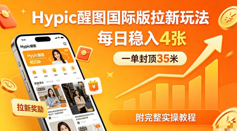 一单封顶35米，实测Hypic醒图国际版拉新玩法，每日稳入4张(附完整实操教程)-网赚联盟