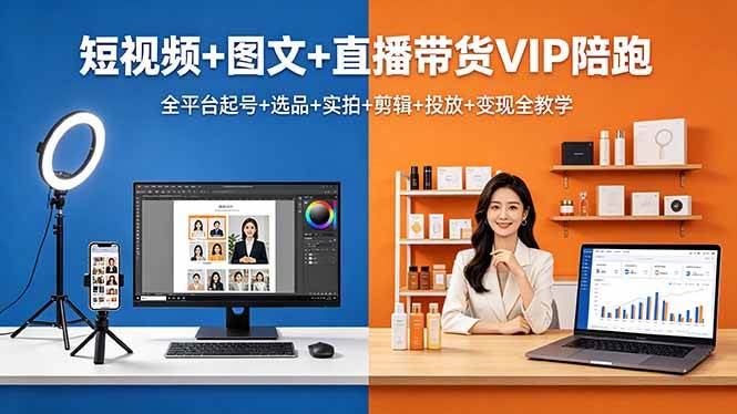 （18319期）短视频+图文+直播带货VIP陪跑，全平台起号+选品+实拍+剪辑+投放+变现全教学-网赚联盟