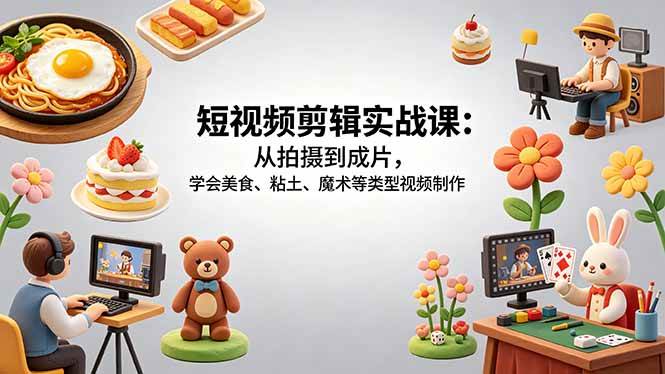 （18375期）短视频剪辑实战课：从拍摄到成片，学会美食、粘土、魔术等类型视频制作-网赚联盟